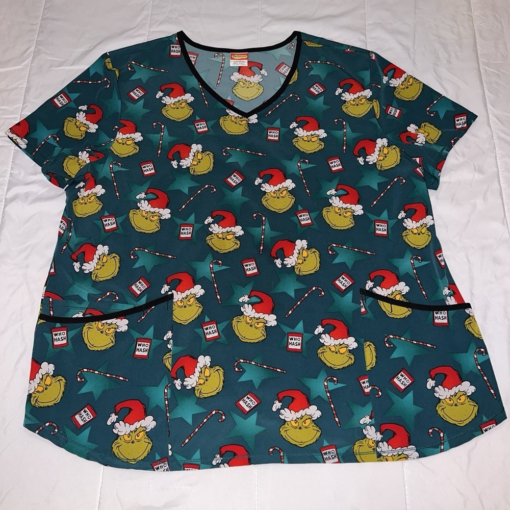 Dr Seuss Scrub Top Size 2XL Green Grinch Christmas Nurse Medical Dental Stretch